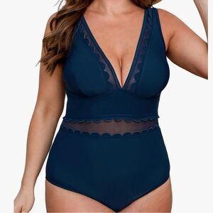CUPSHE One Piece Swim V Neck Mesh Scalloped Midnight Blue Size 2X NWT